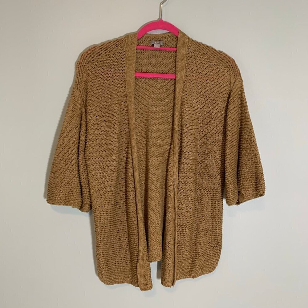 J. Jill Cardigan Sweater Women Small Tan‎ Open Front Elbow Sleeve Popcorn Knit